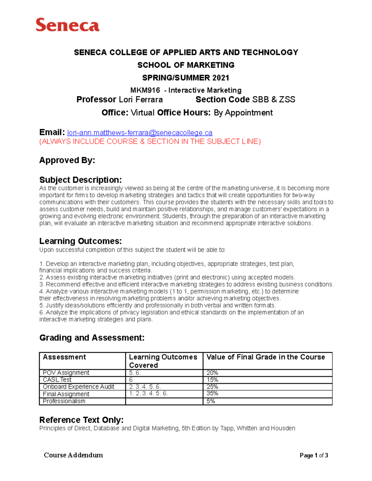 MKM916 Course Outline - Fall 2021 LF v2 - Course Addendum Page 1 of 3 ...