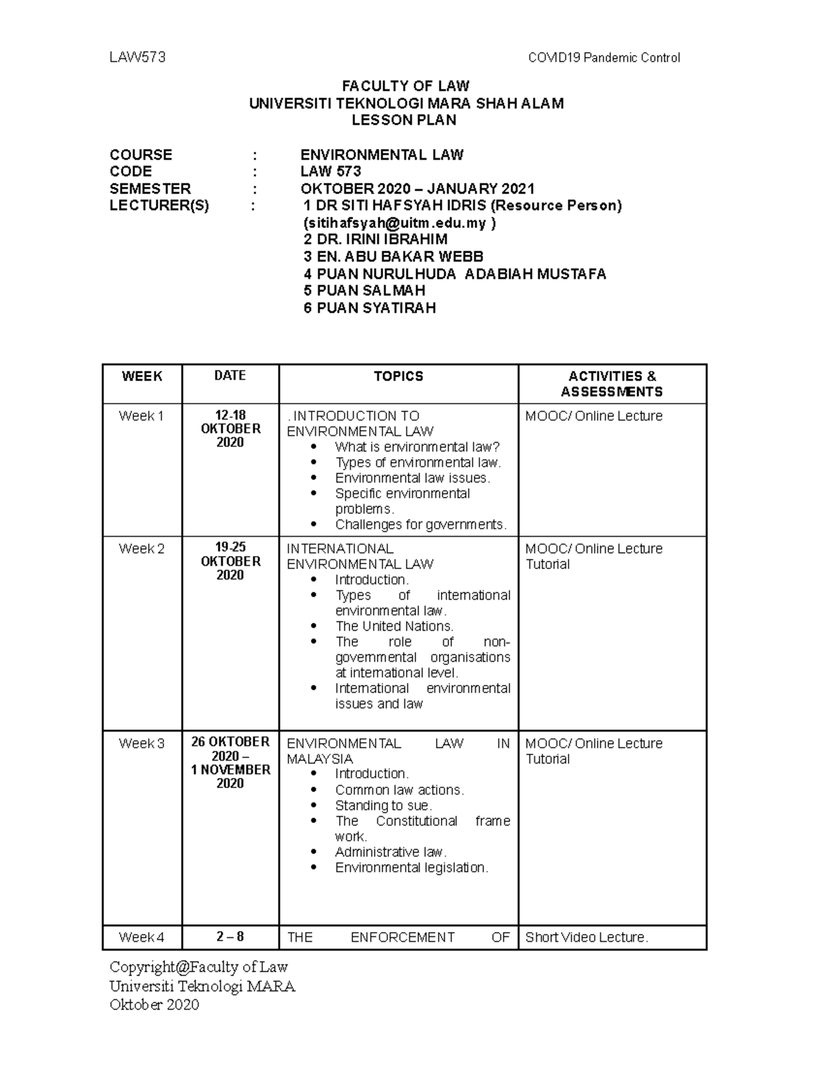 Lesson PLAN LAW573 OKT 2020 - Environmental Law - UiTM - Studocu