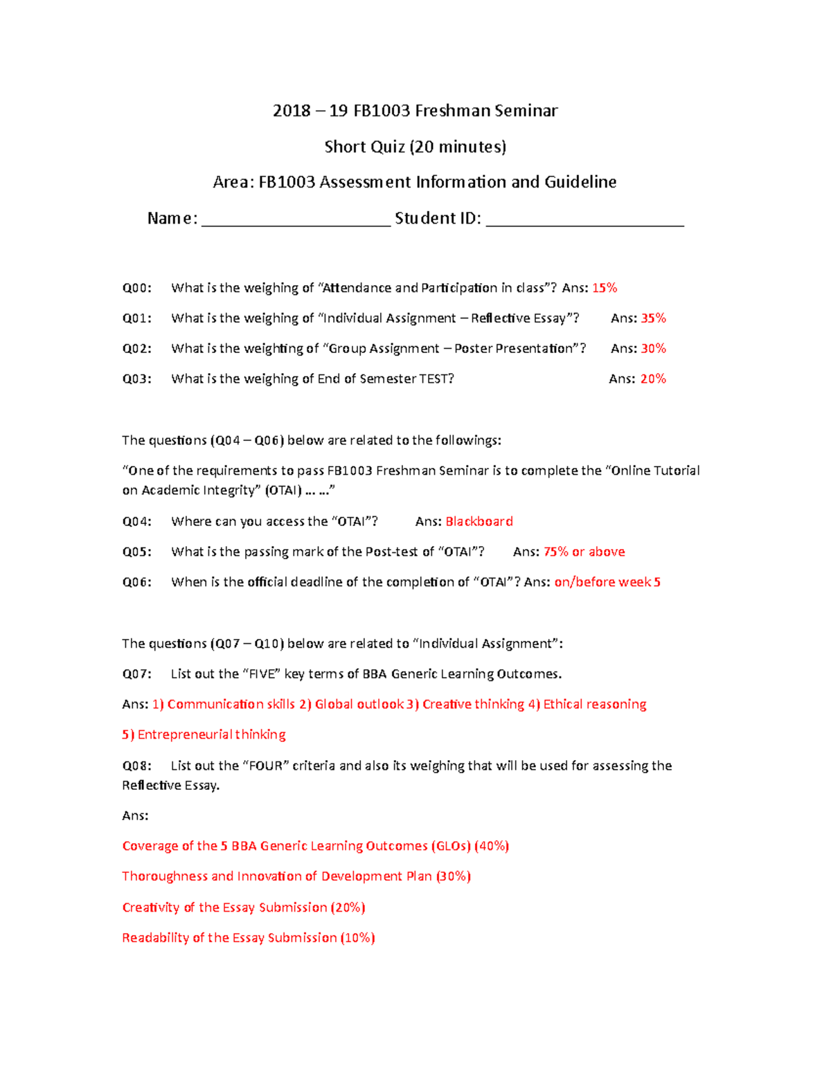 TUT3 Short Quiz FB1003 - Answers - 2018 – 19 FB1003 Freshman Seminar ...