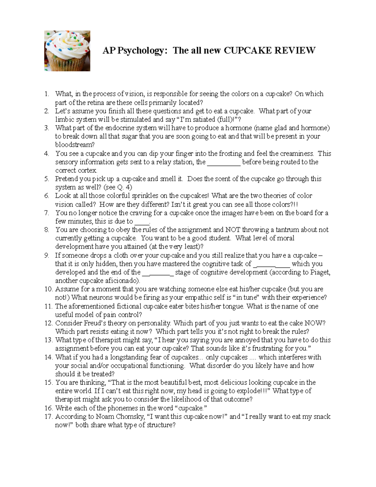 Cupcake Review No Answers AP Psychology The all new CUPCAKE REVIEW