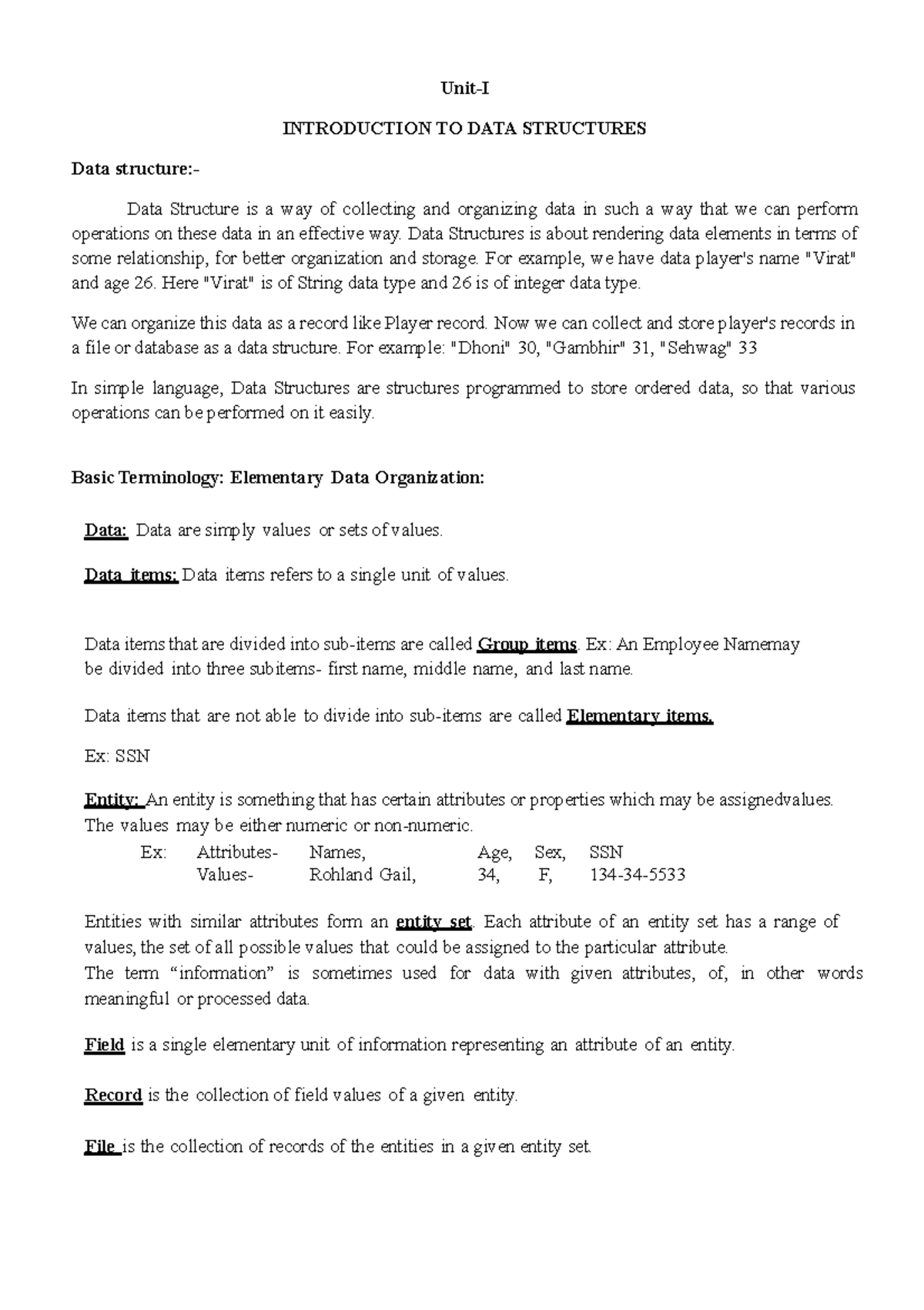 Chapter 1 - dsfdsgdfg - Data structure:- Unit-I INTRODUCTION TO DATA ...