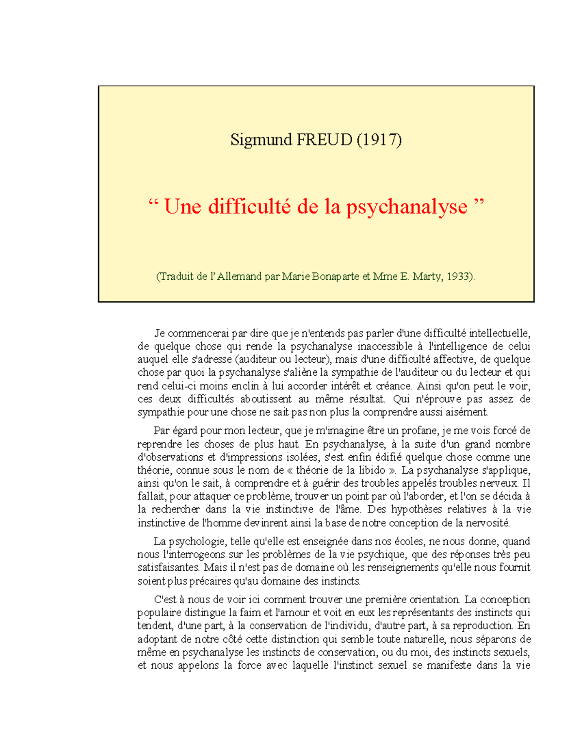 Freud Difficulté - book - Sigmund FREUD (1917) “ Une difficulté de la ...