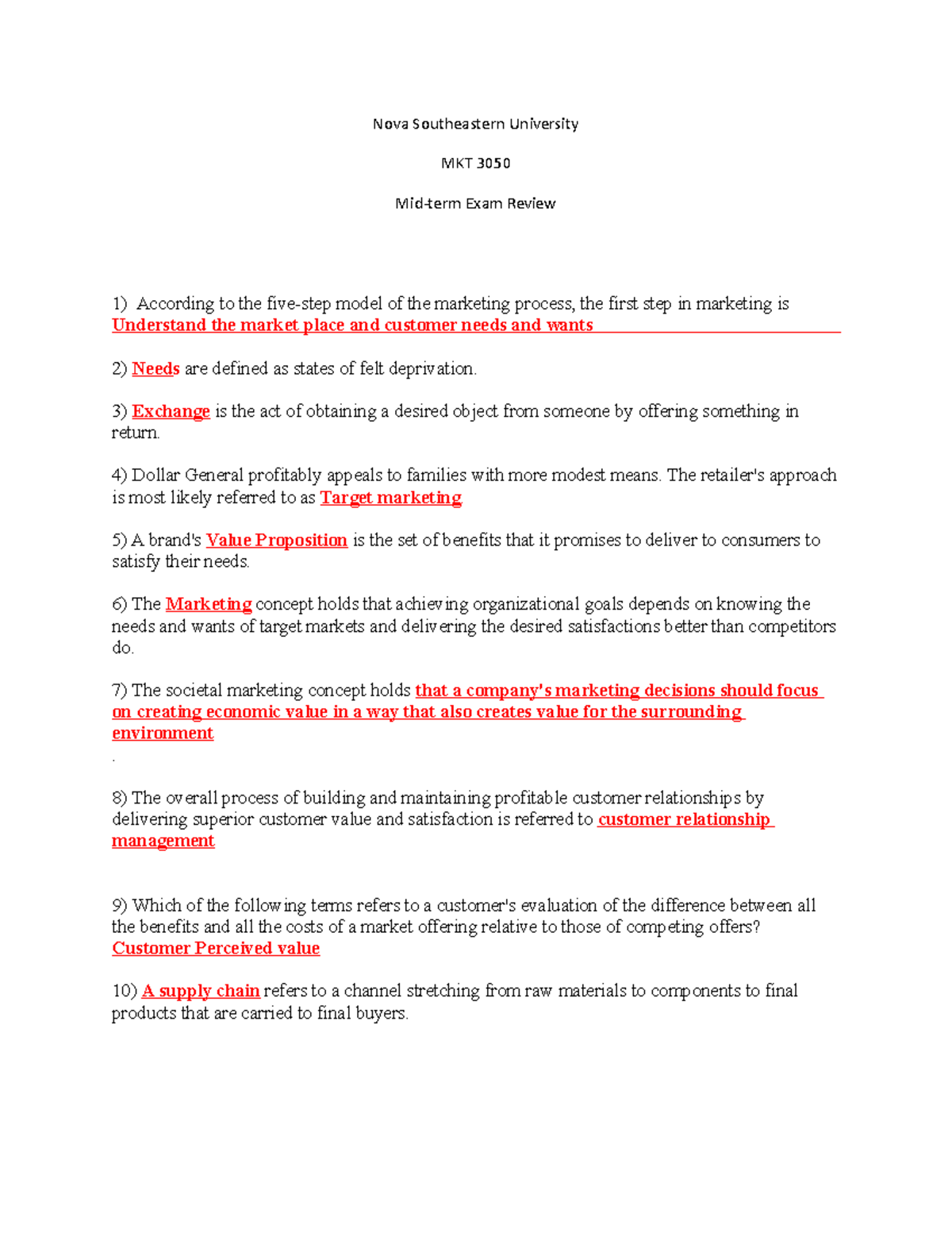 Mid Term ReviewMarketing Nova Southeastern University MKT 3050 Exam