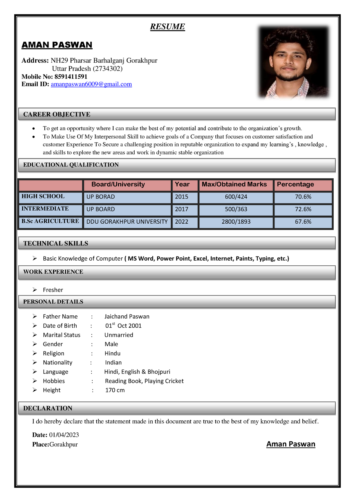 AMAN Paswan Resume - RESUME AMAN PASWAN Address: NH29 Pharsar ...