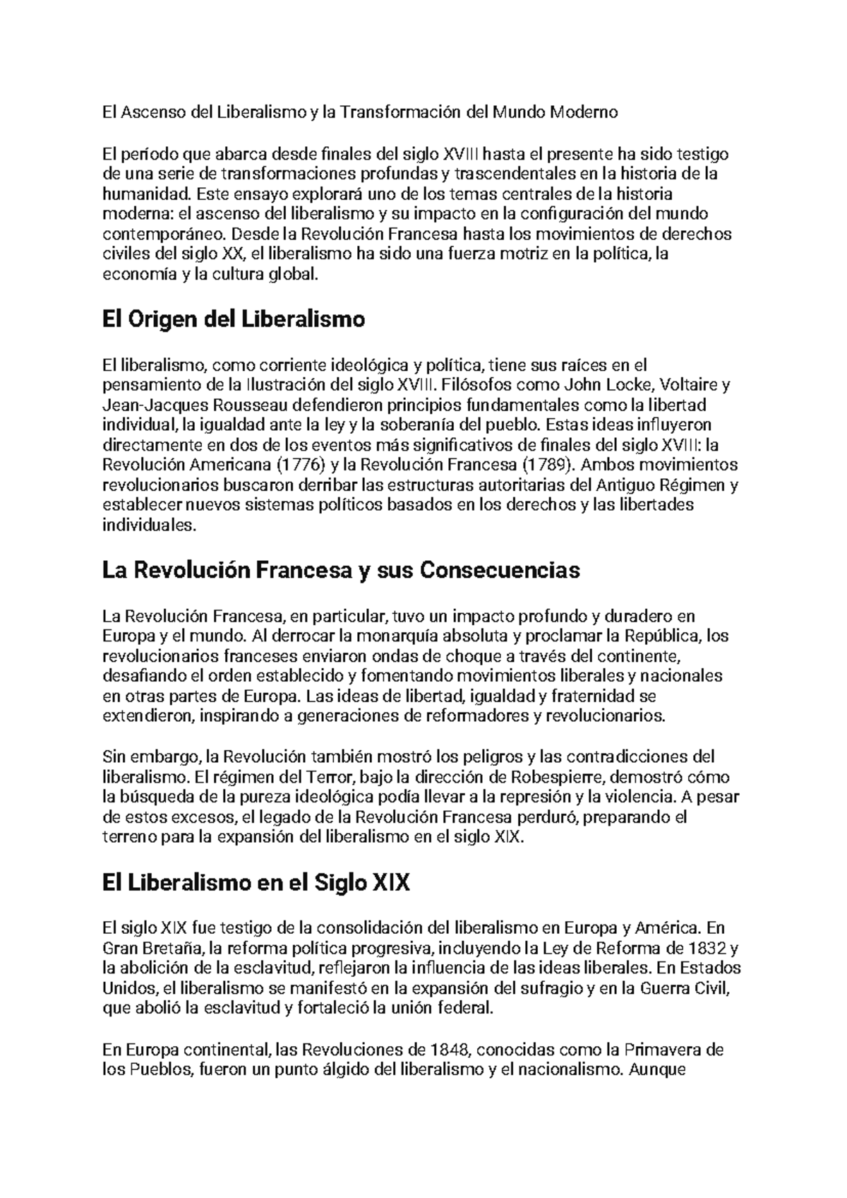 Ascenso del liberalismo - Este ensayo explorará uno de los temas ...