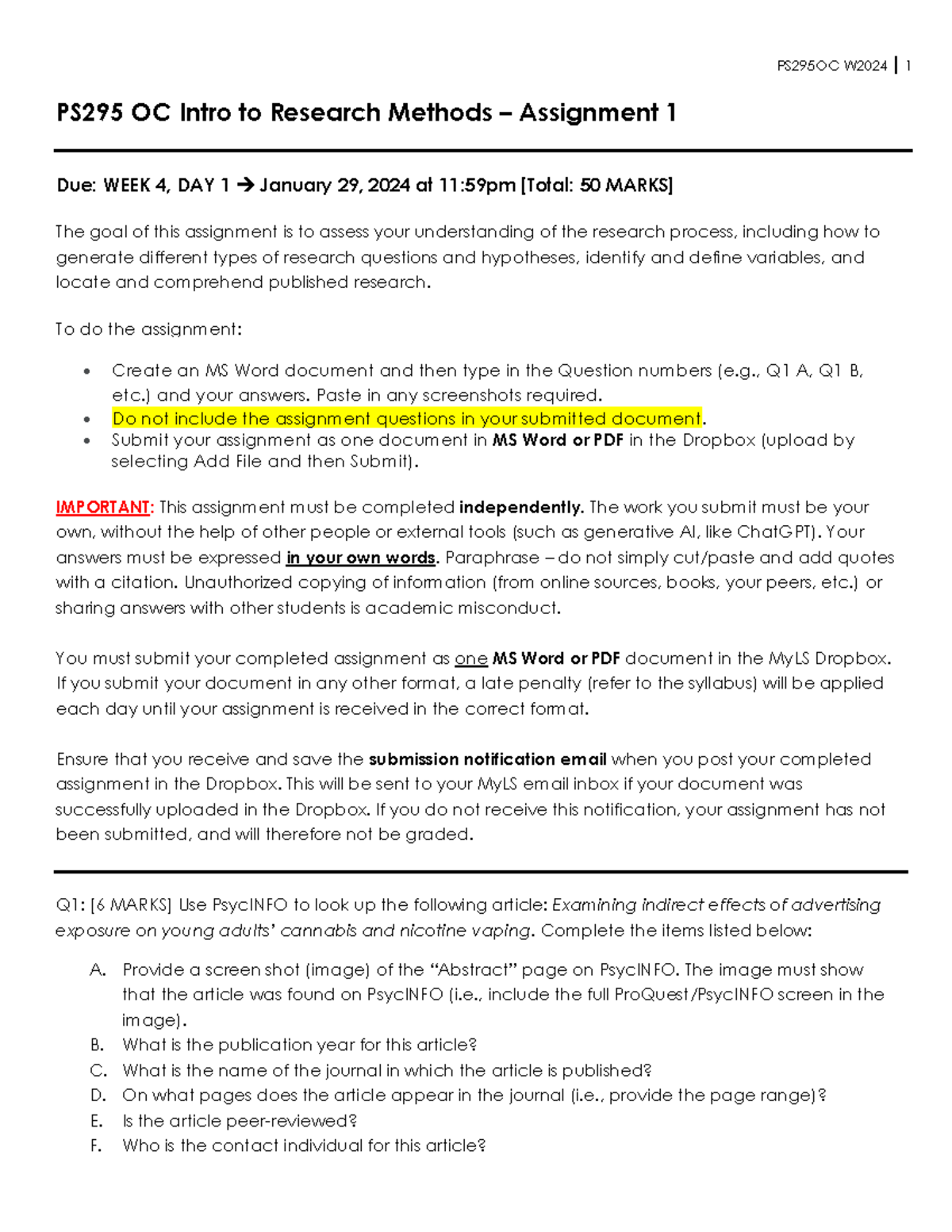 PS295 OC Assignment 1 W2024 - PS295 OC Intro to Research Methods ...