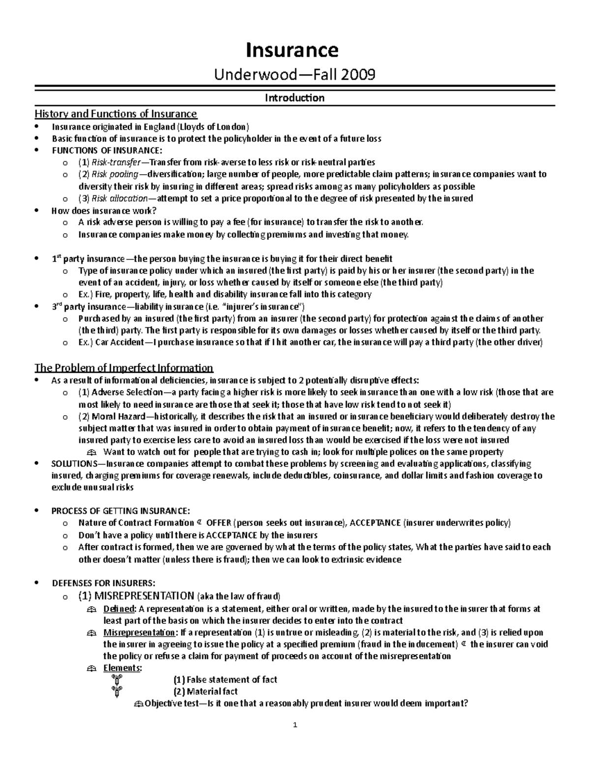 Insurance Outline OLD Insurance Underwood Fall 2009 Introduction 