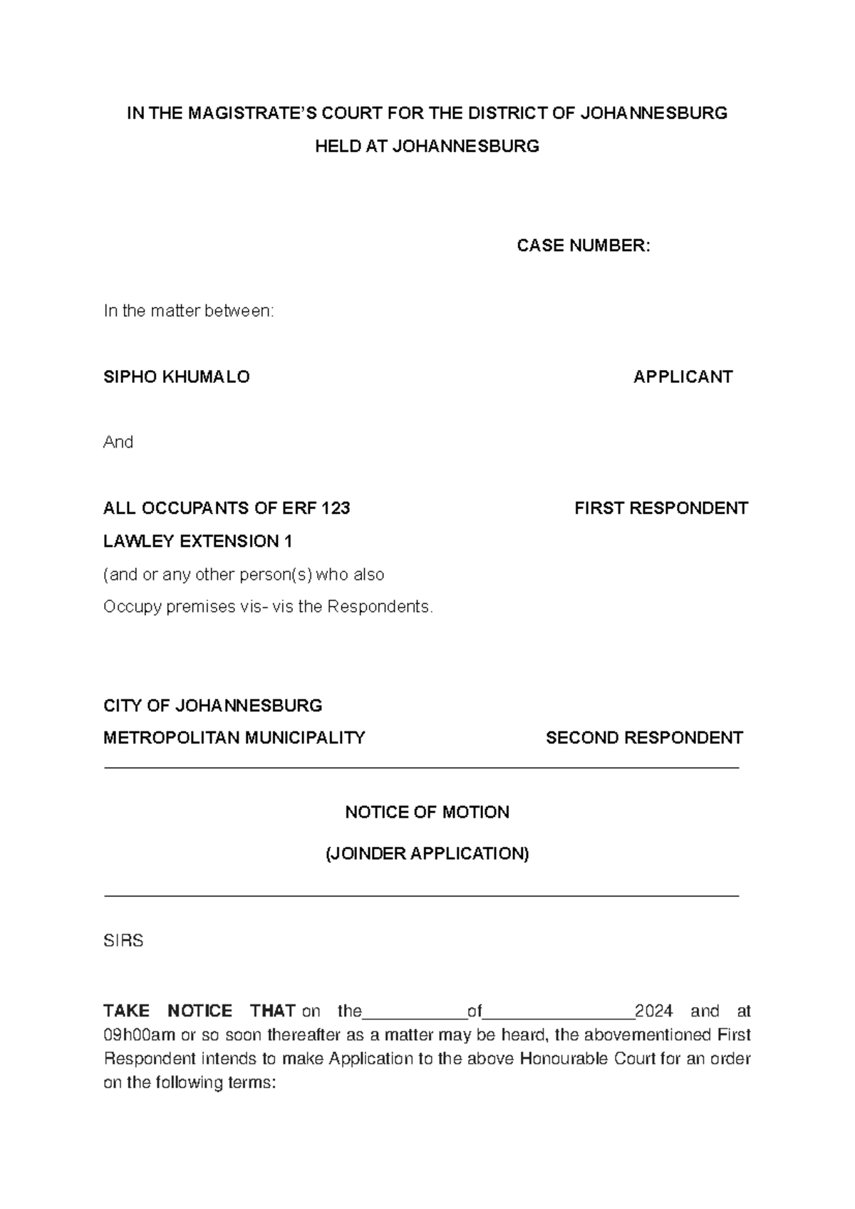 Notice of Motion for Joinder Application - IN THE MAGISTRATE’S COURT ...