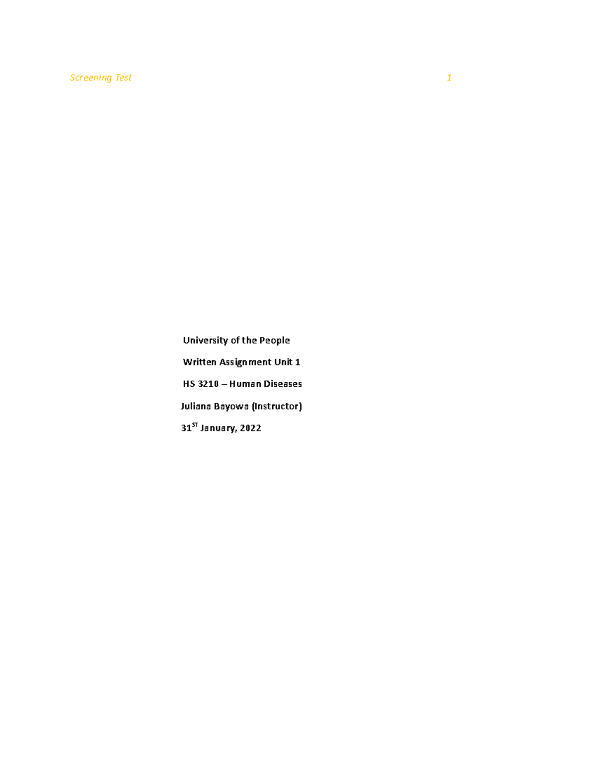 HS 3210 Written Assignment UNIT 1 - University of the People Written ...