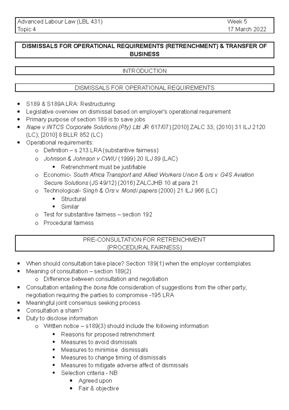 LBL 431 - Topic 4 - Advanced Labour Law (LBL 431) Week 5 Topic 4 17 ...