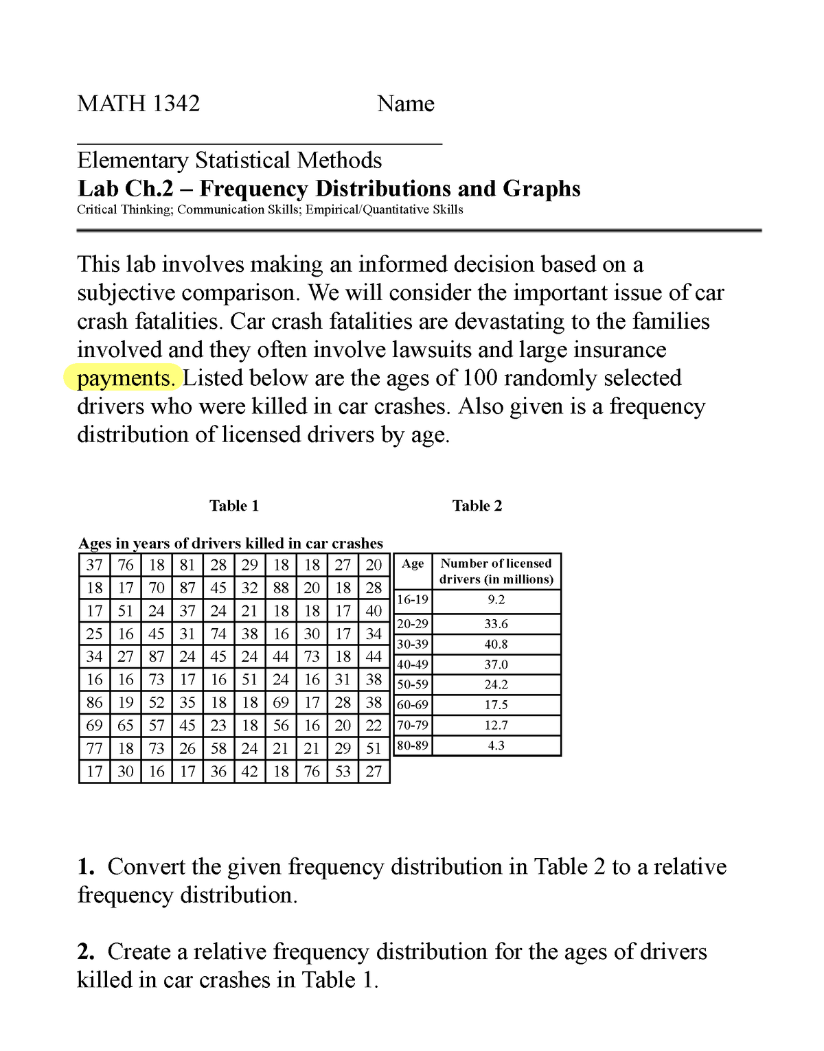 Math Lab Number One - MATH 1342 Name ...