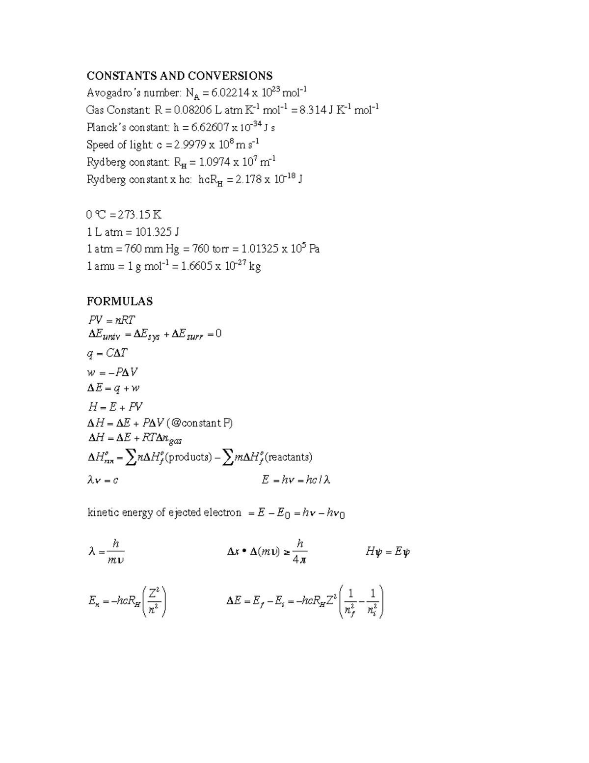 CHEM110 F2020EX1 Formula Sheet - CONSTANTS AND CONVERSIONS Avogadro’s ...