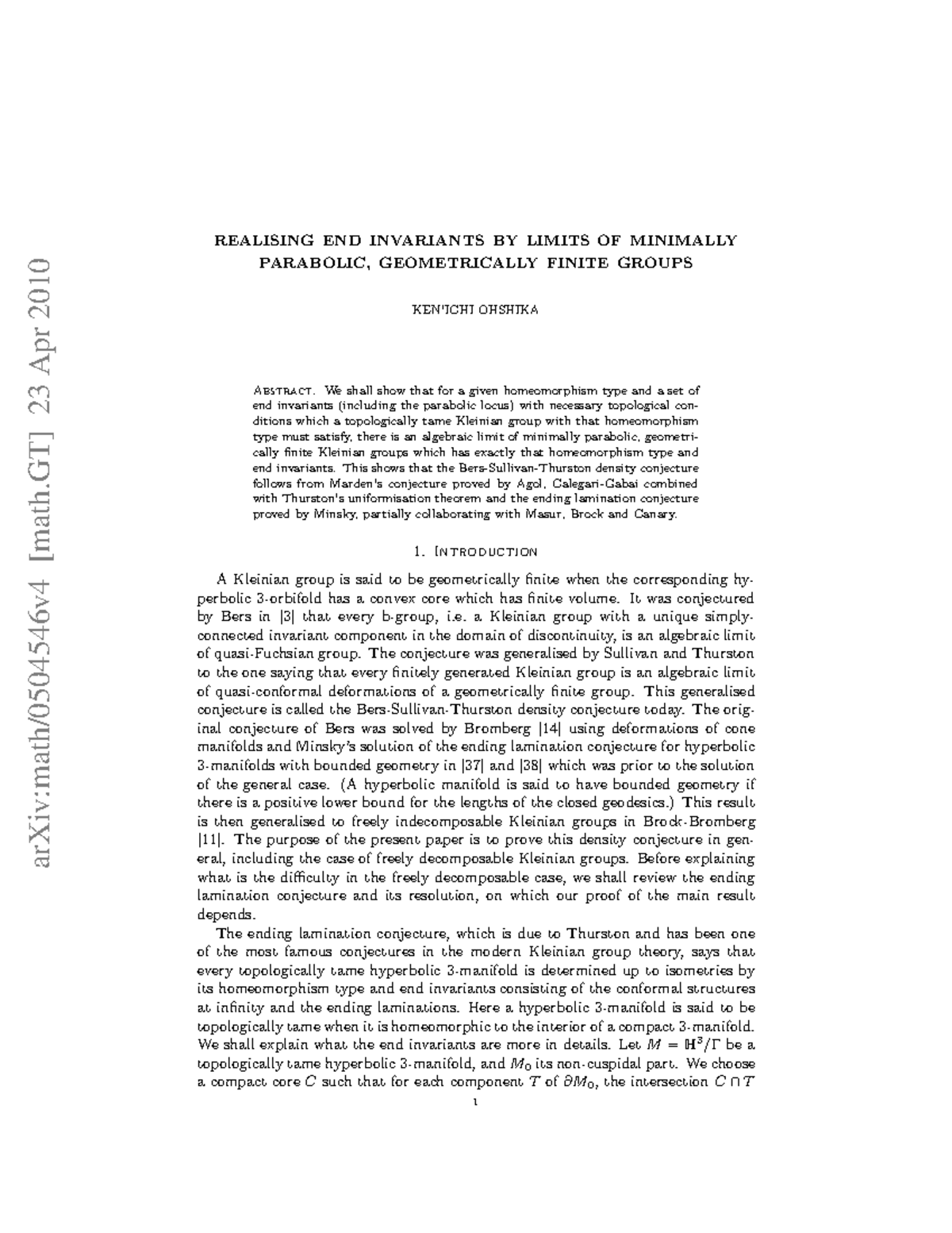 0504546 - Cours - arXiv:math/0504546v4 [math] 23 Apr 2010 REALISING END ...
