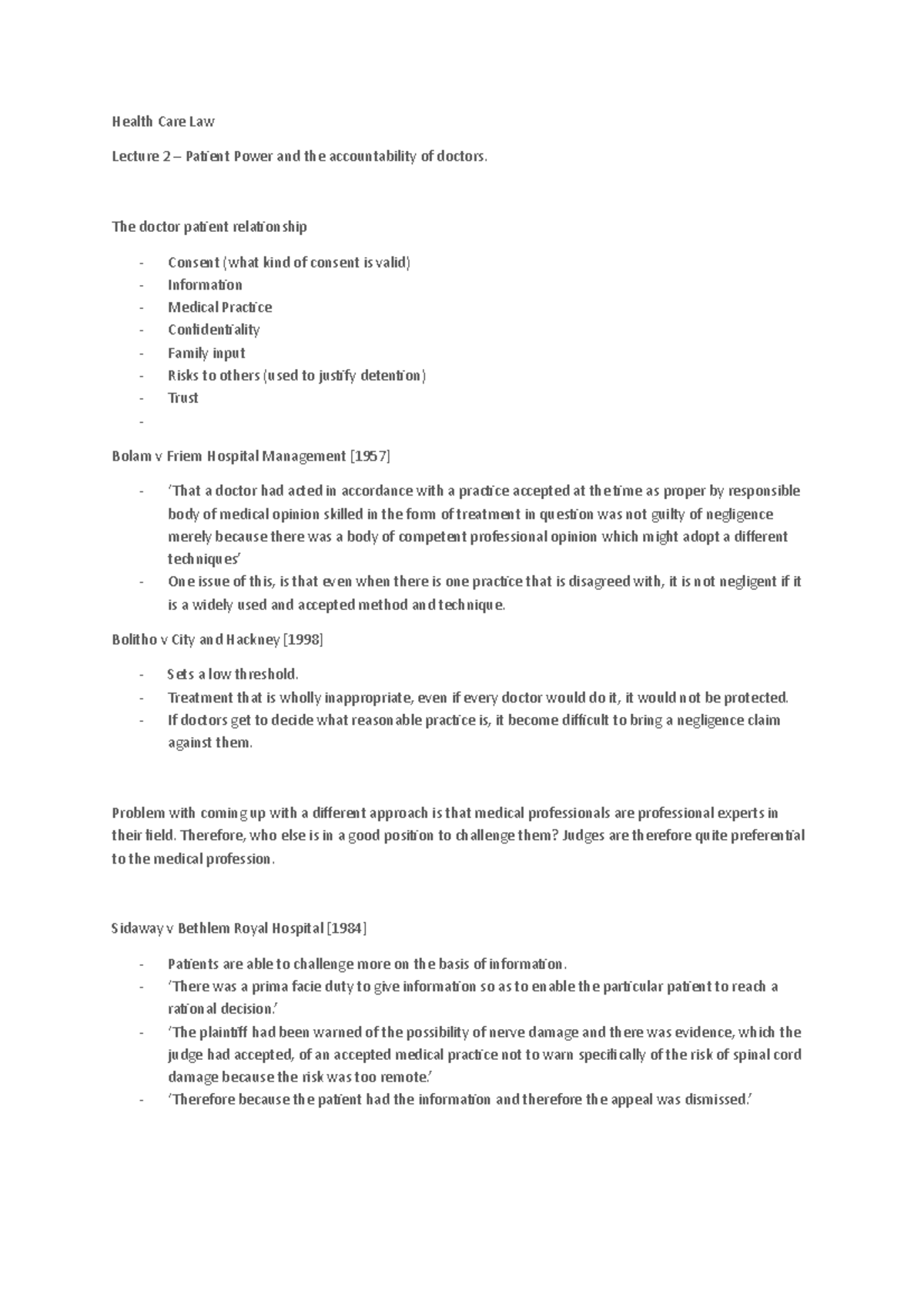 Lecture 2 - notes - Health Care Law Lecture 2 – Patient Power and the ...