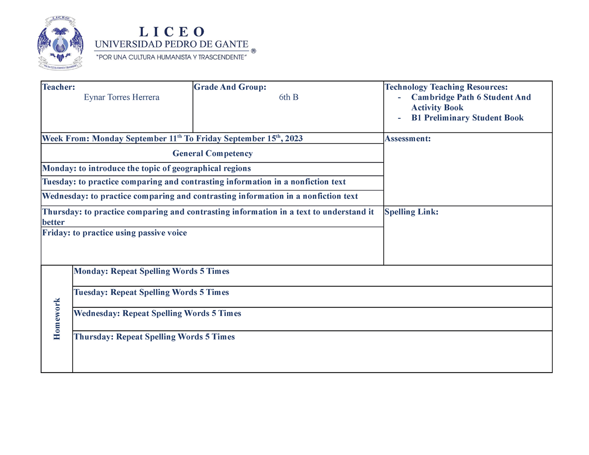 6º B Lesson PLAN September 11TH TO 15TH, 2023 - Teacher: Eynar Torres ...