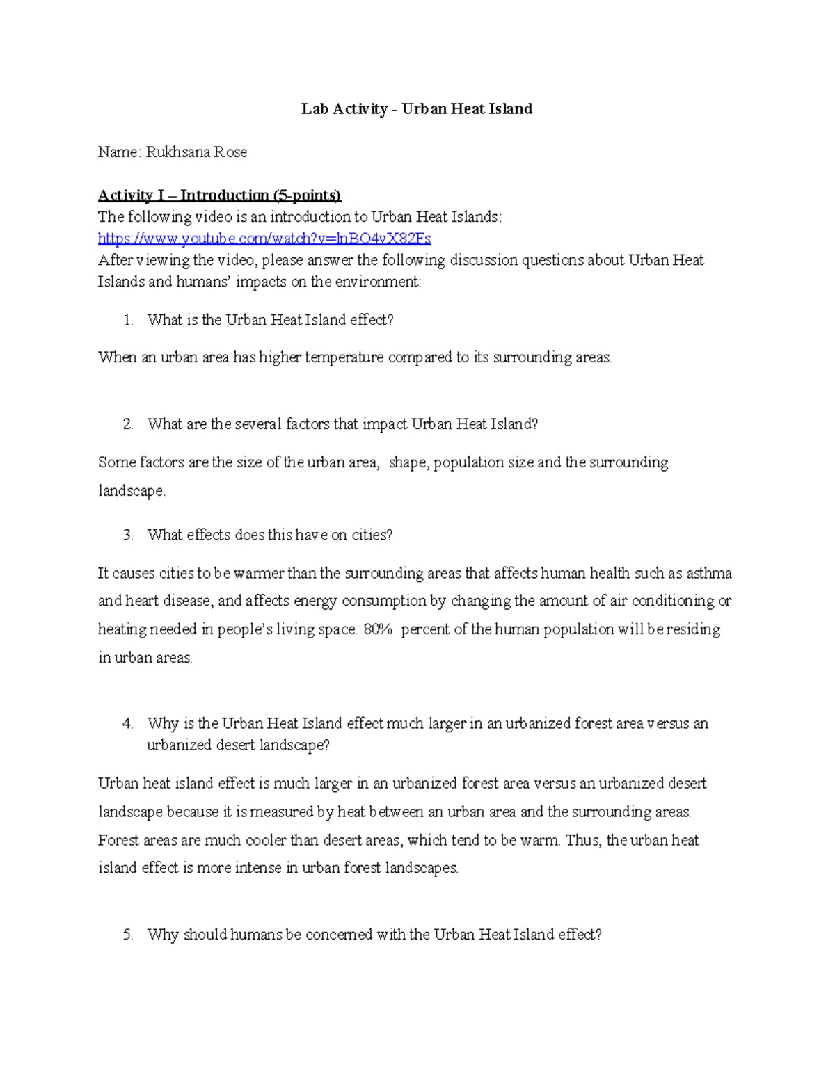 Lab Activity Urban Heat Island What are the several factors that