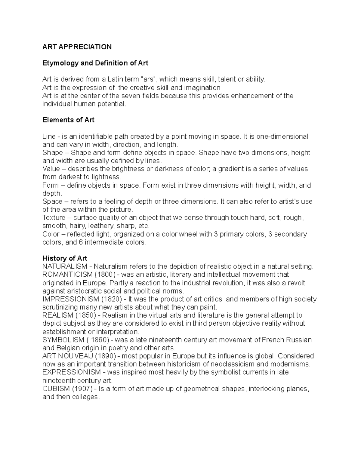 Art Appreciation Handout 1 ART APPRECIATION Etymology and Definition