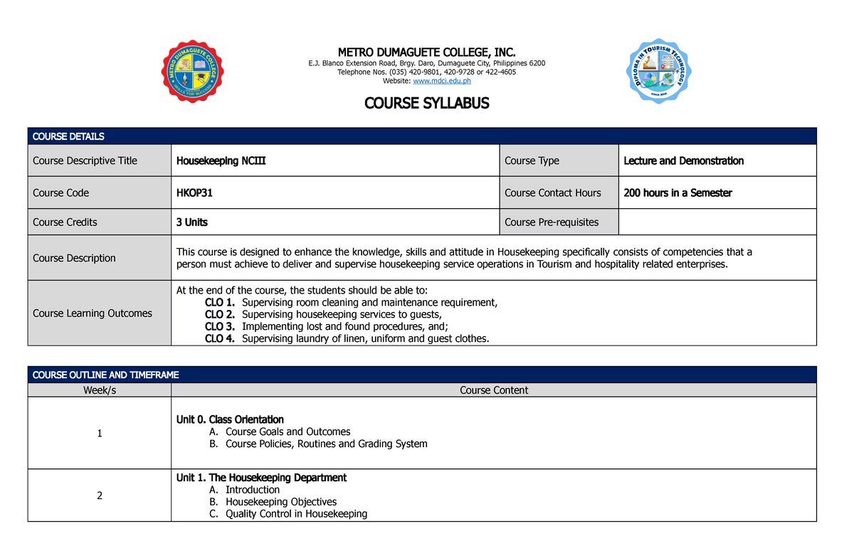 Course Syllabus (Housekeeping Nciii) METRO DUMAGUETE COLLEGE, INC. E