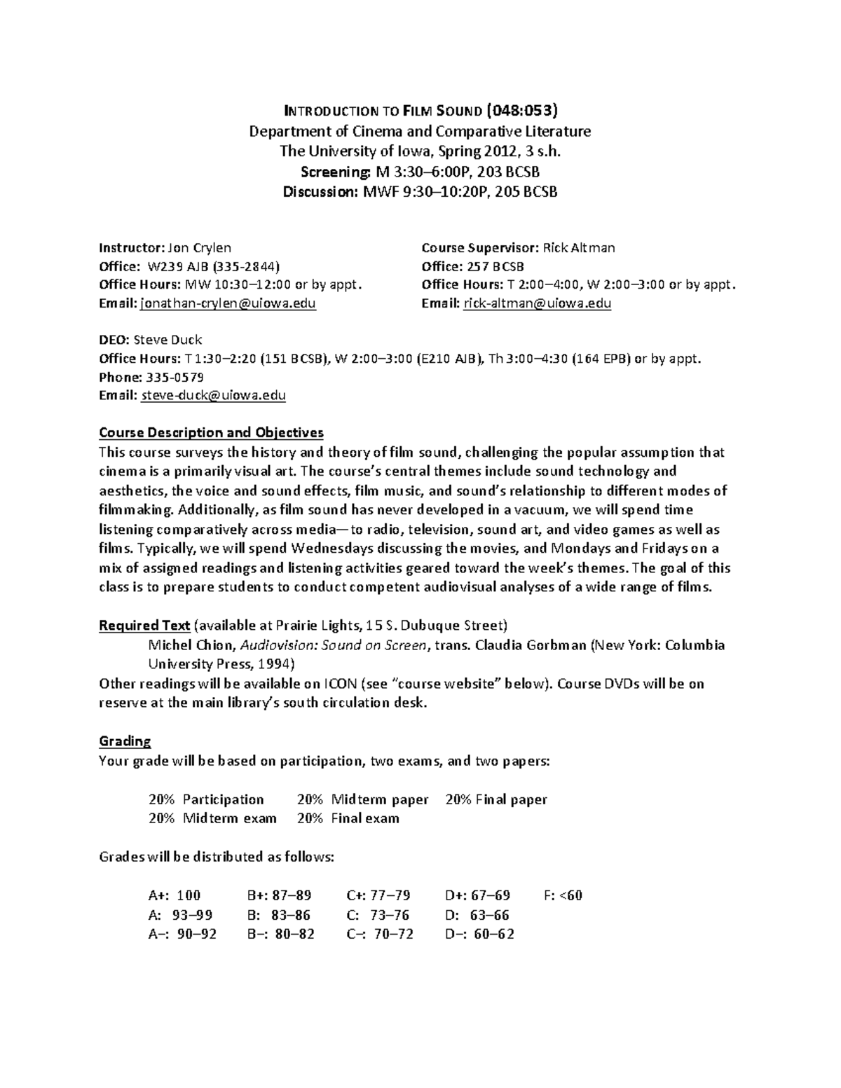 Introduction to Film Sound INTRODUCTION TO FILM SOUND (048053