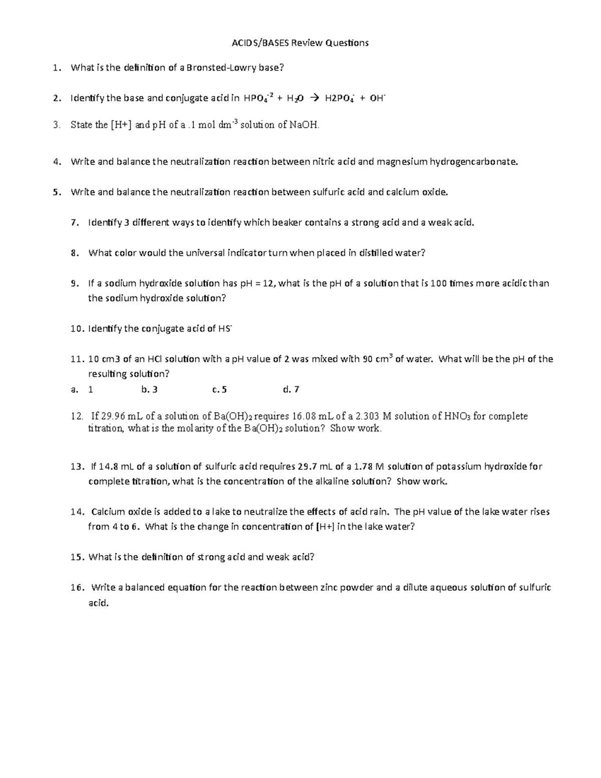 Acids And Bases Review Acids Bases Review Questions What Is The Definition Of A Bronsted Lowry Studocu