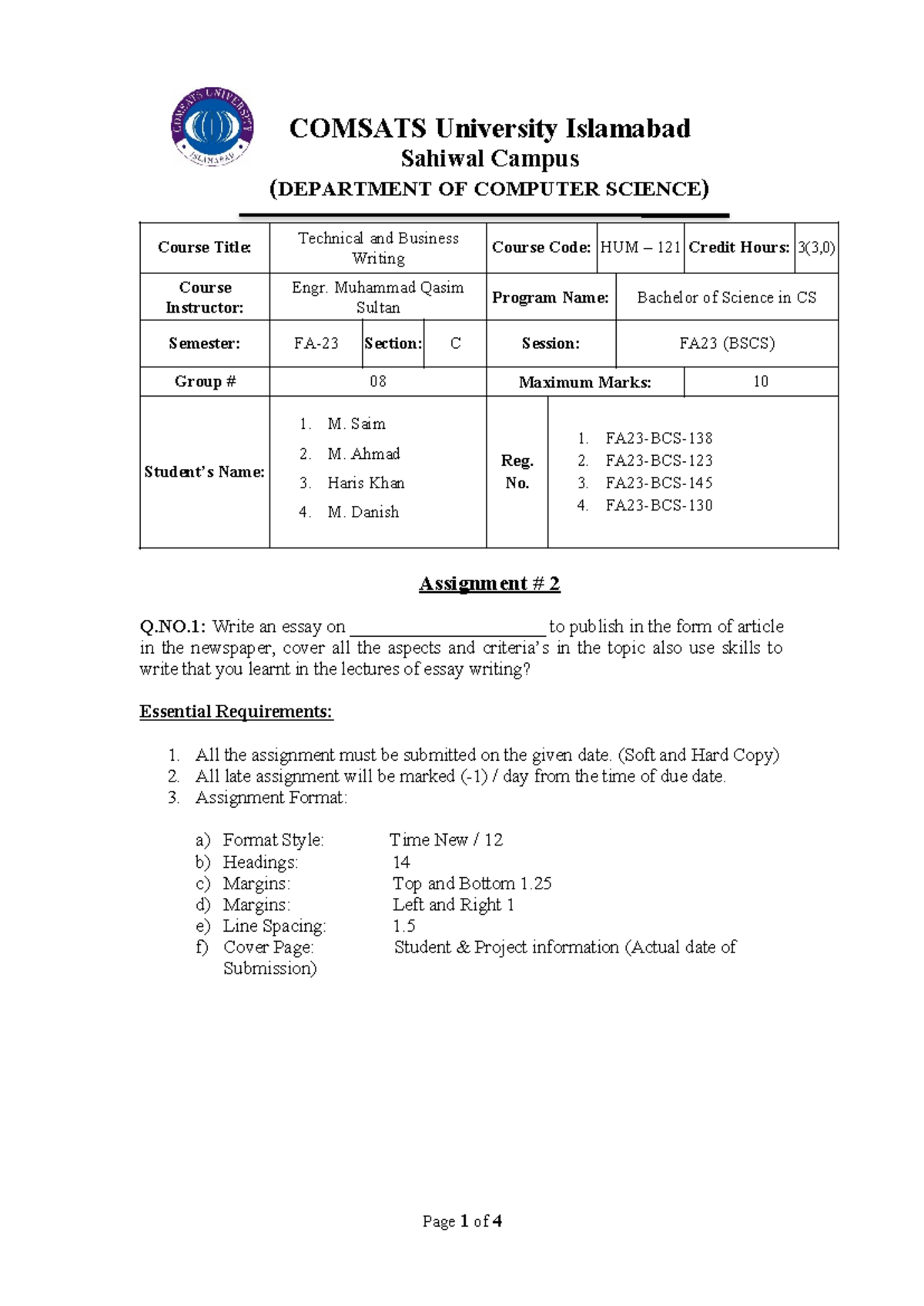 TBW asgmt 2 - Essay on Random Topic - COMSATS University Islamabad ...