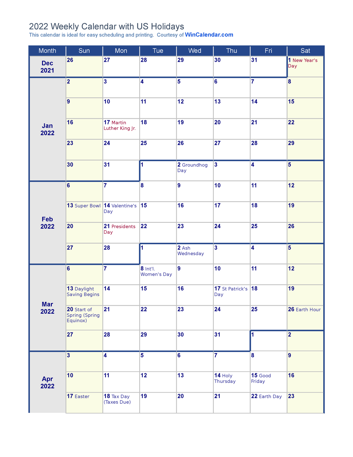 2022 Weekly Calendar with Holidays - 2022 Weekly Calendar with US ...