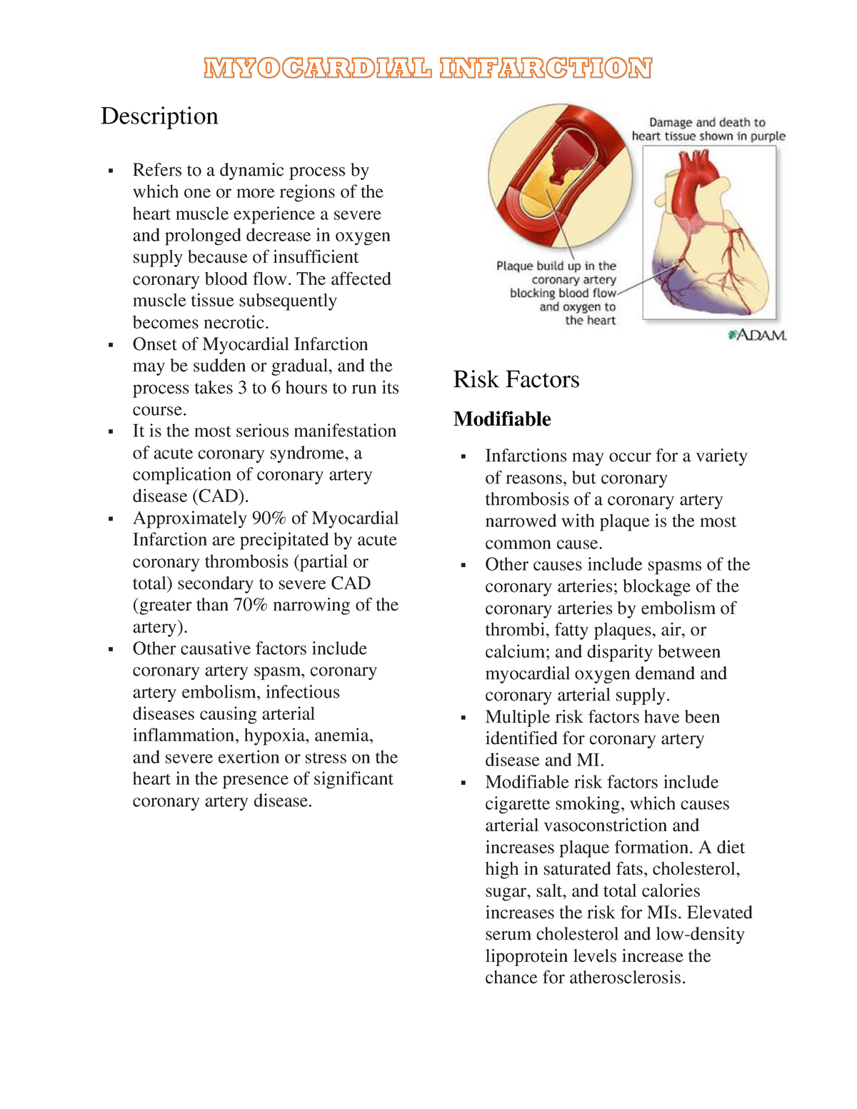 Myocardial Infarction - Nursing - Studocu