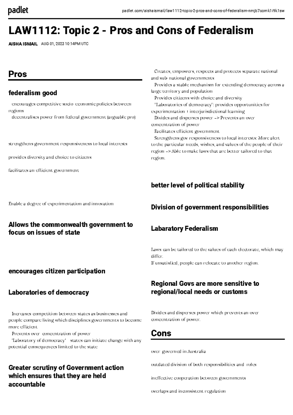 Week 2 - Federalism Padlet - Thursday 12pm Class BW PDF - - Studocu