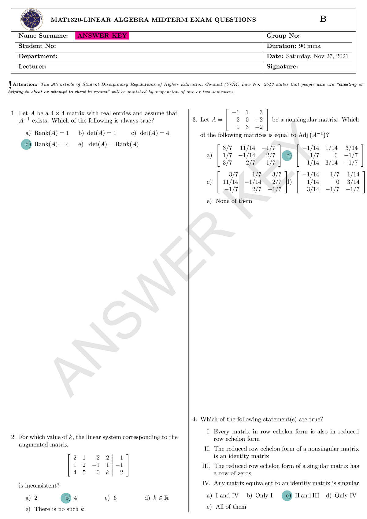 Midterm-I B ENG -answer Key - MAT1320-LINEAR ALGEBRA MIDTERM EXAM ...