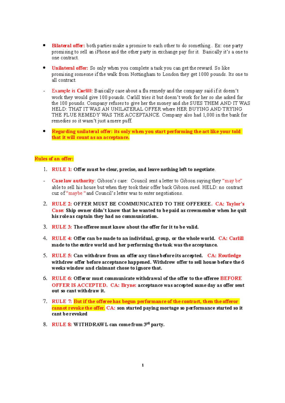 Contract 1 - Lecture notes 2 - Bilateral offer: both parties make a ...