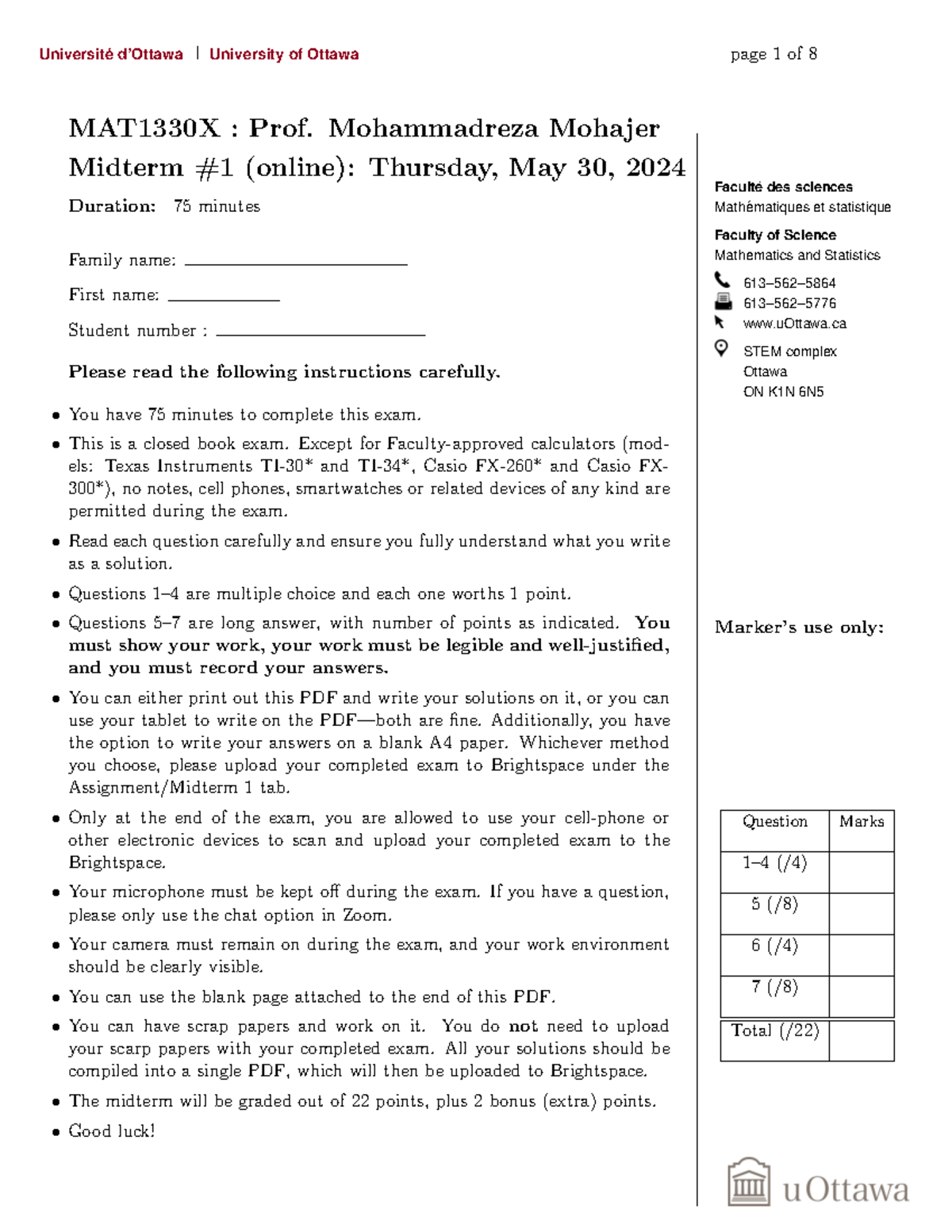Midterm 1 with solutions - Facult e des sciences ́ Math ematiques et ...