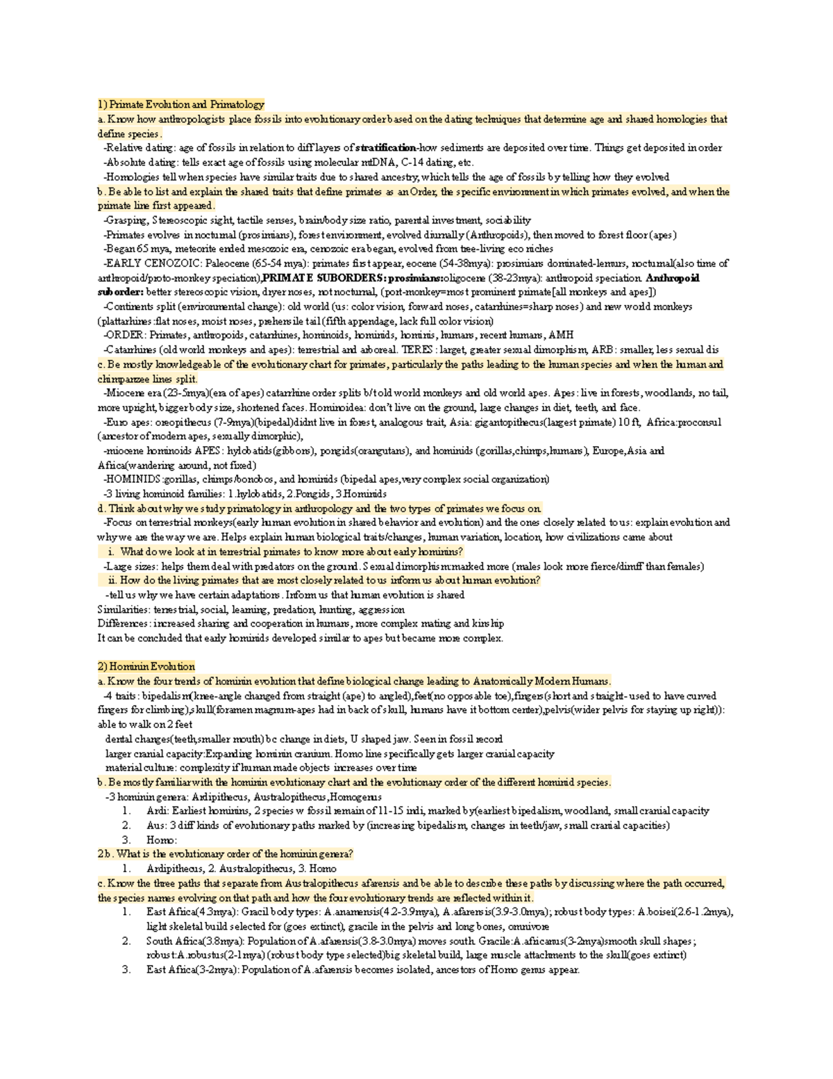 Study Guide 2 - Google Docs - Primate Evolution and Primatology a. Know ...