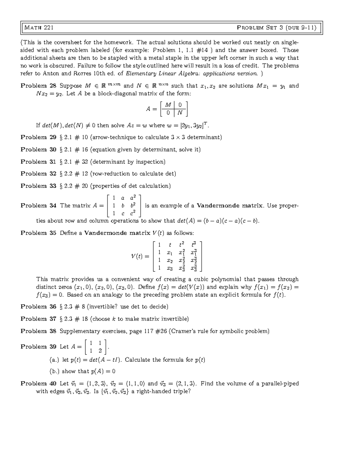 Seminar assignments Homework 3 - Math 221 Problem Set 3 (due (This is ...