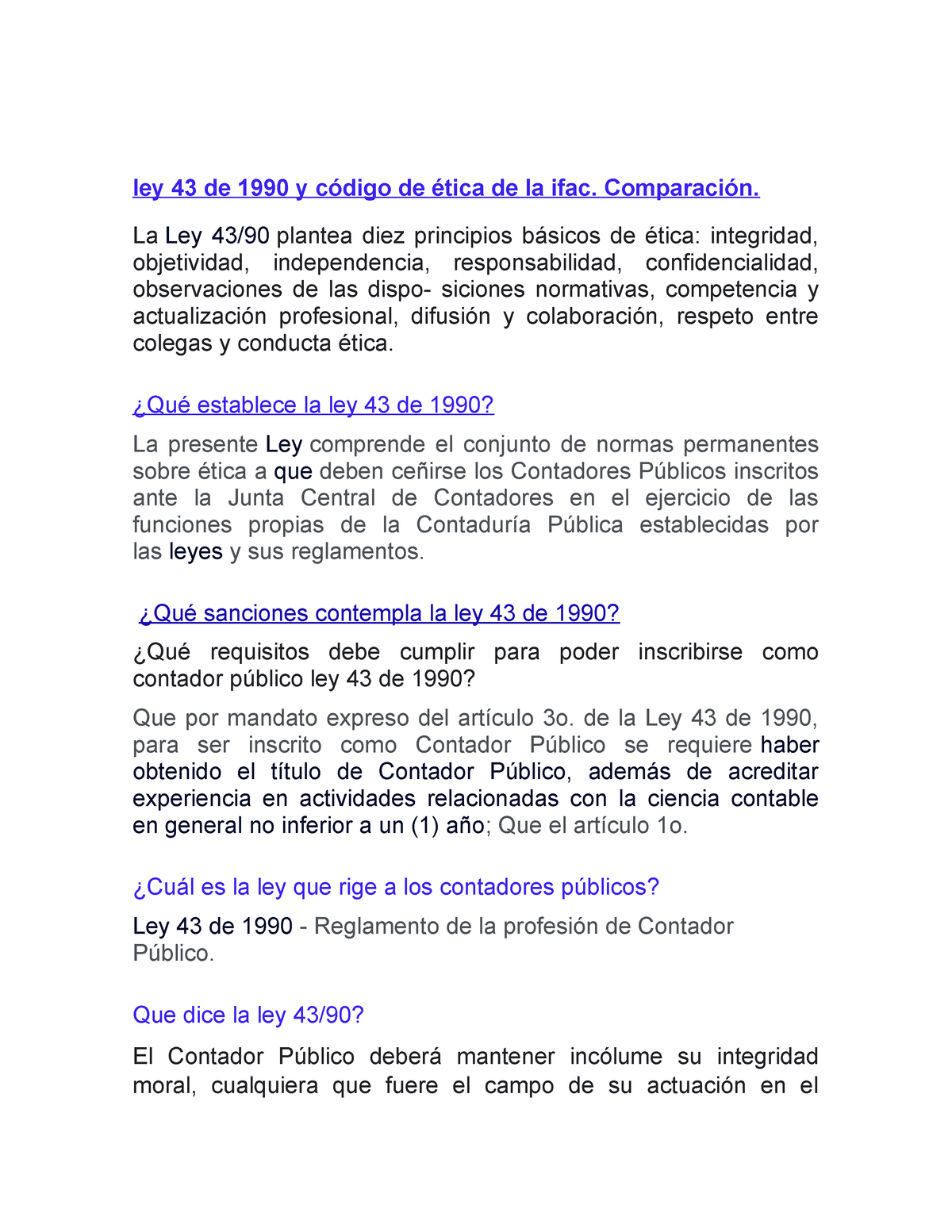 Ley 43 De 1990 Para La Exposicion De Contabilidad Ley 43 De 1990 Y Código De ética De La Ifac 6345