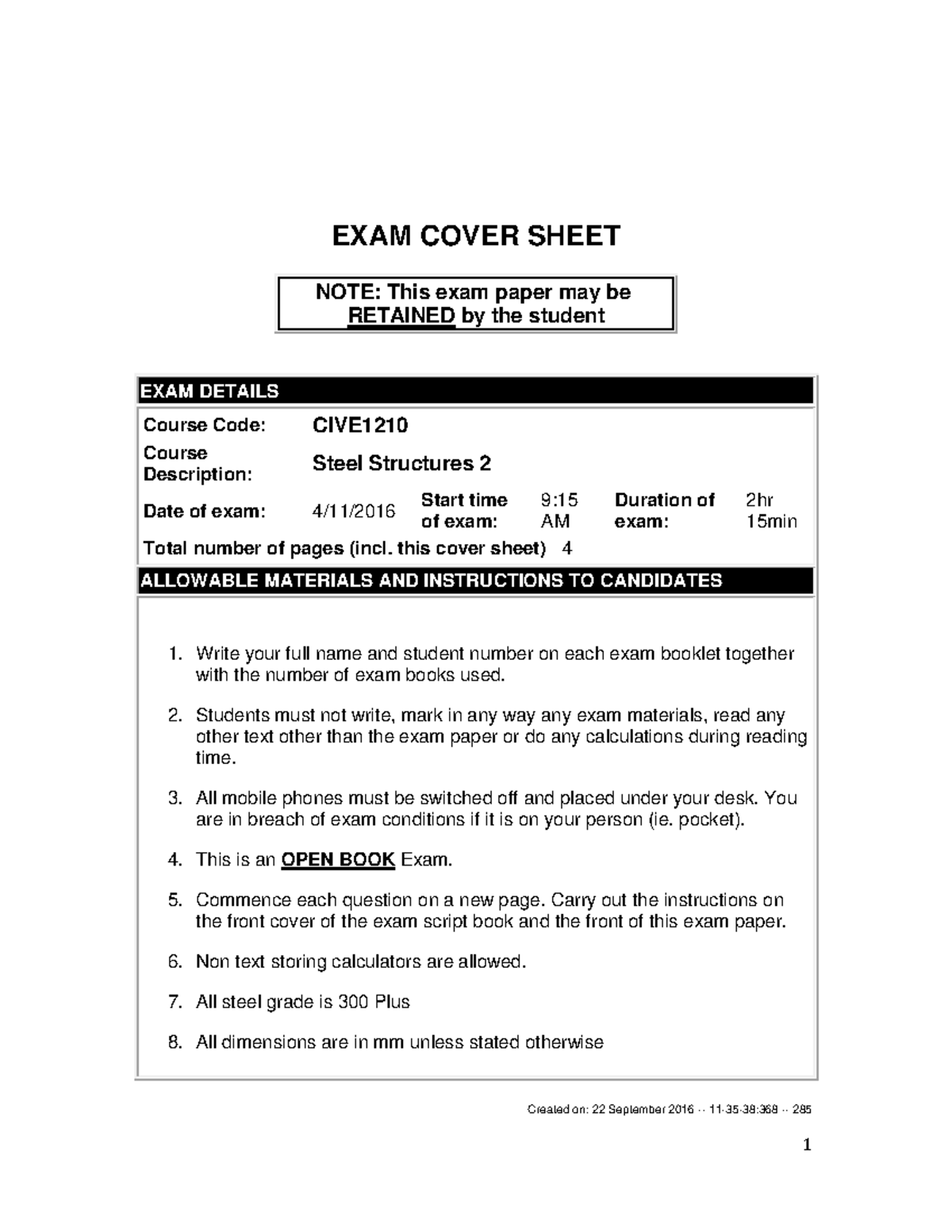 Exam 2016, questions and answers - EXAM COVER SHEET NOTE: This exam ...