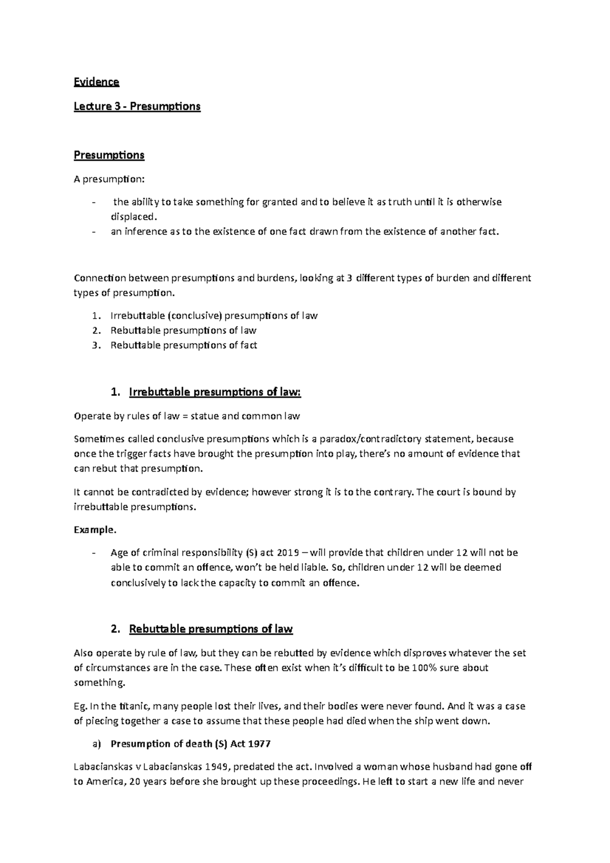 Lecture 3- Presumptions - Evidence Lecture 3 - Presumpions Presumpions ...