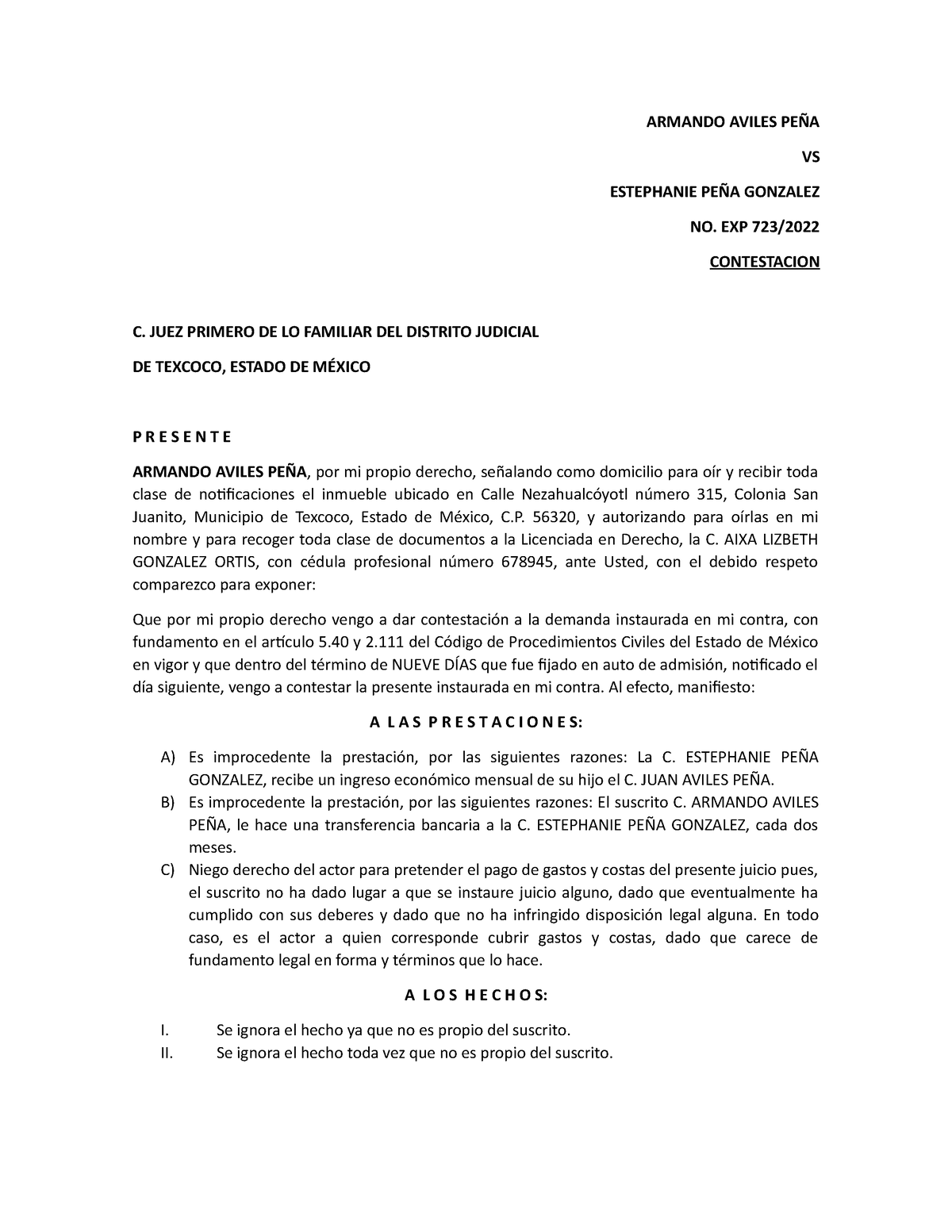 Contestacion Y Reconvencion - ARMANDO AVILES PEÑA VS ESTEPHANIE PEÑA ...