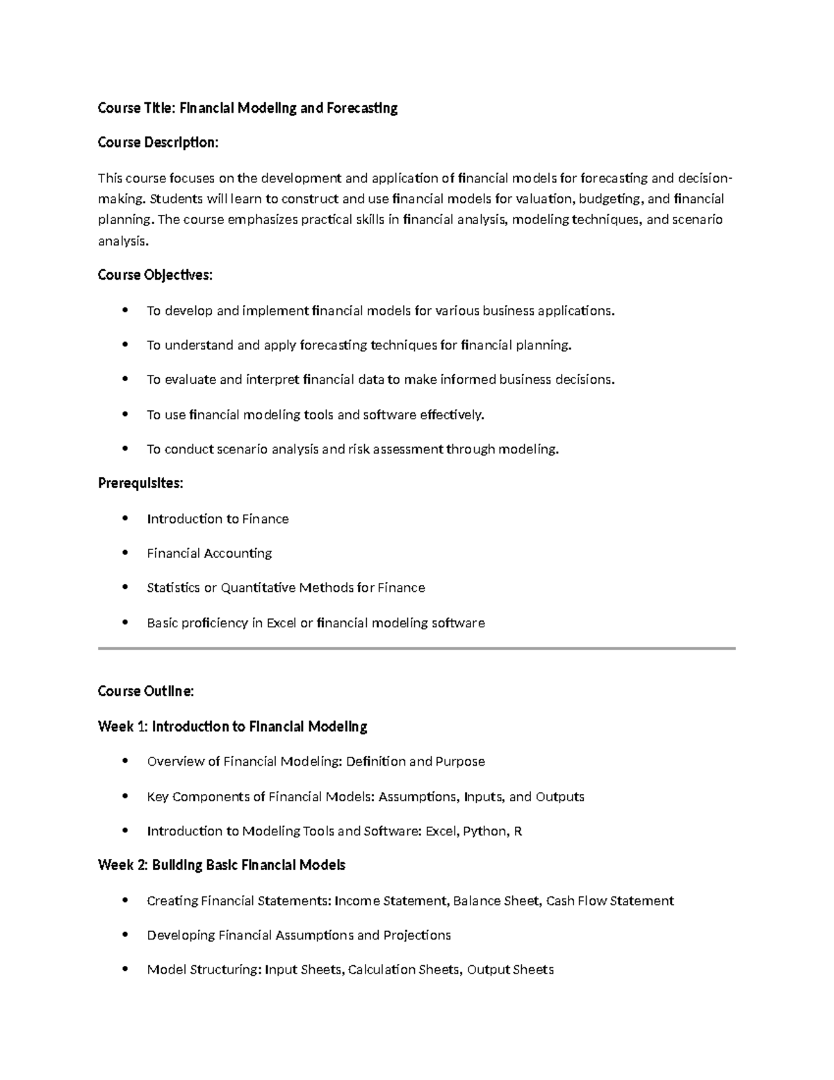 Finance Courseoutline - Course Title: Financial Modeling and ...