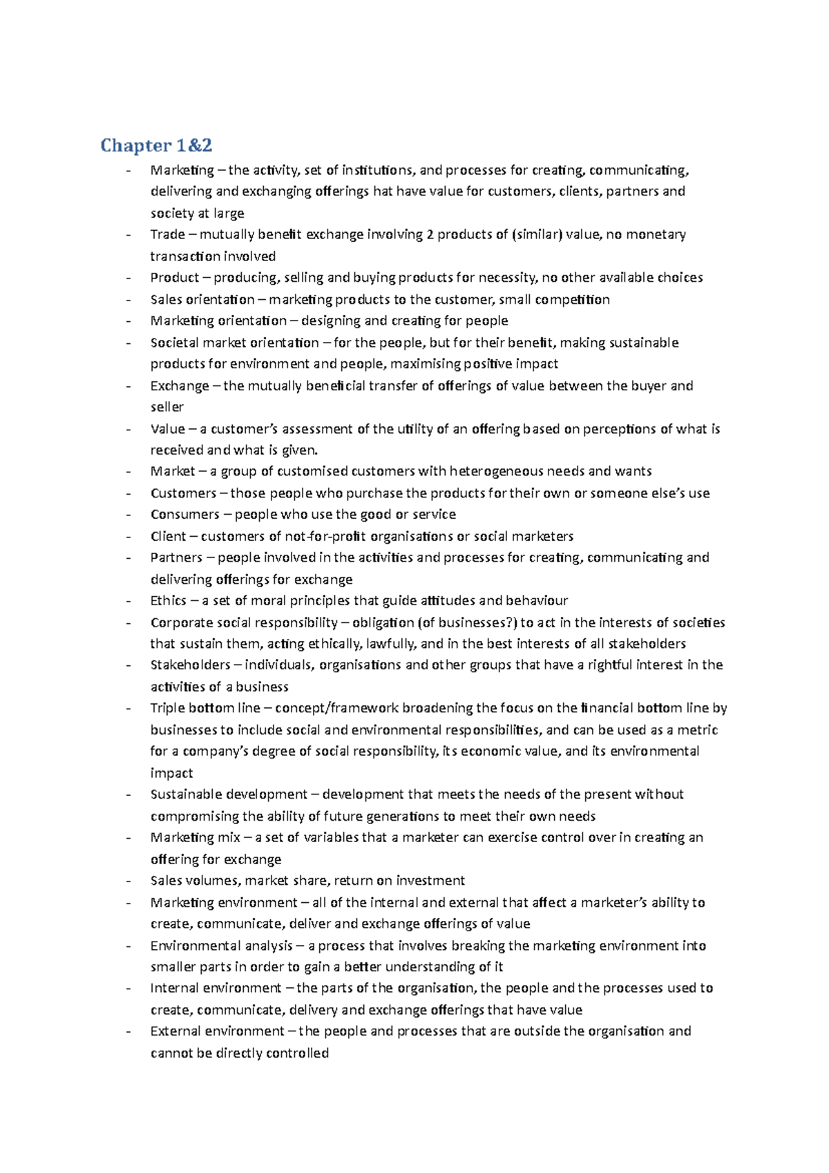 Short definition notes Chapter 1&2 Marketing the activity, set of