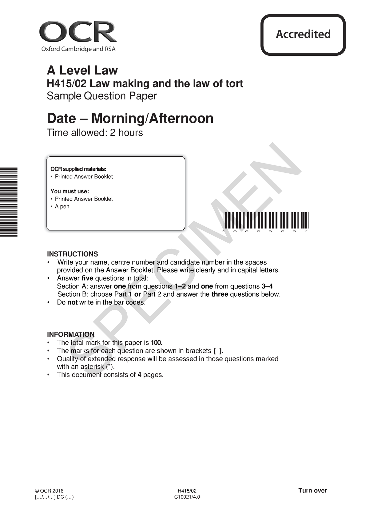 315218 Unit H415 02 Law Making And The Law Of Tort Sample Assessment ...