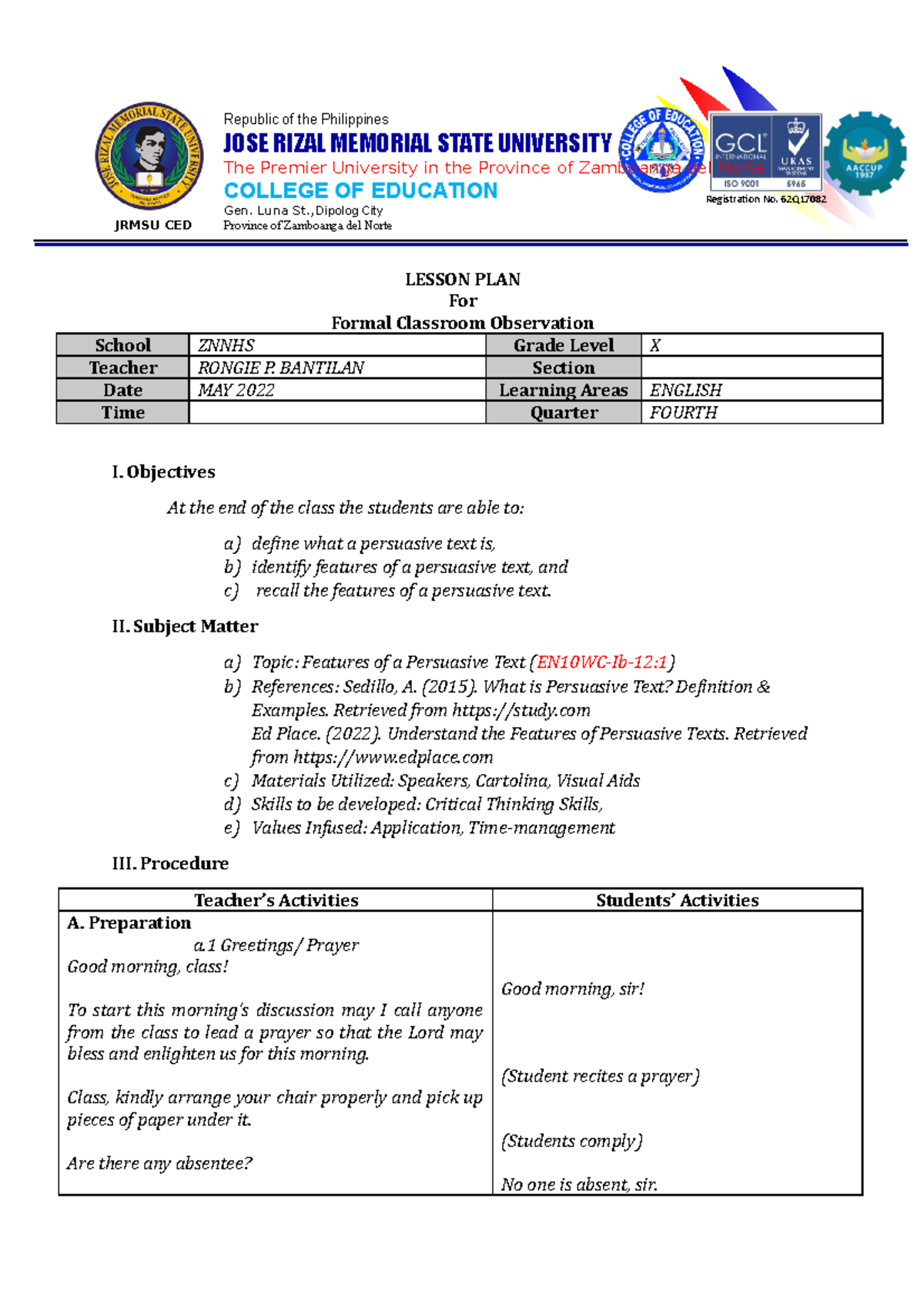 1st QW2 - Sample Lesson Plan - Republic of the Philippines JOSE RIZAL ...