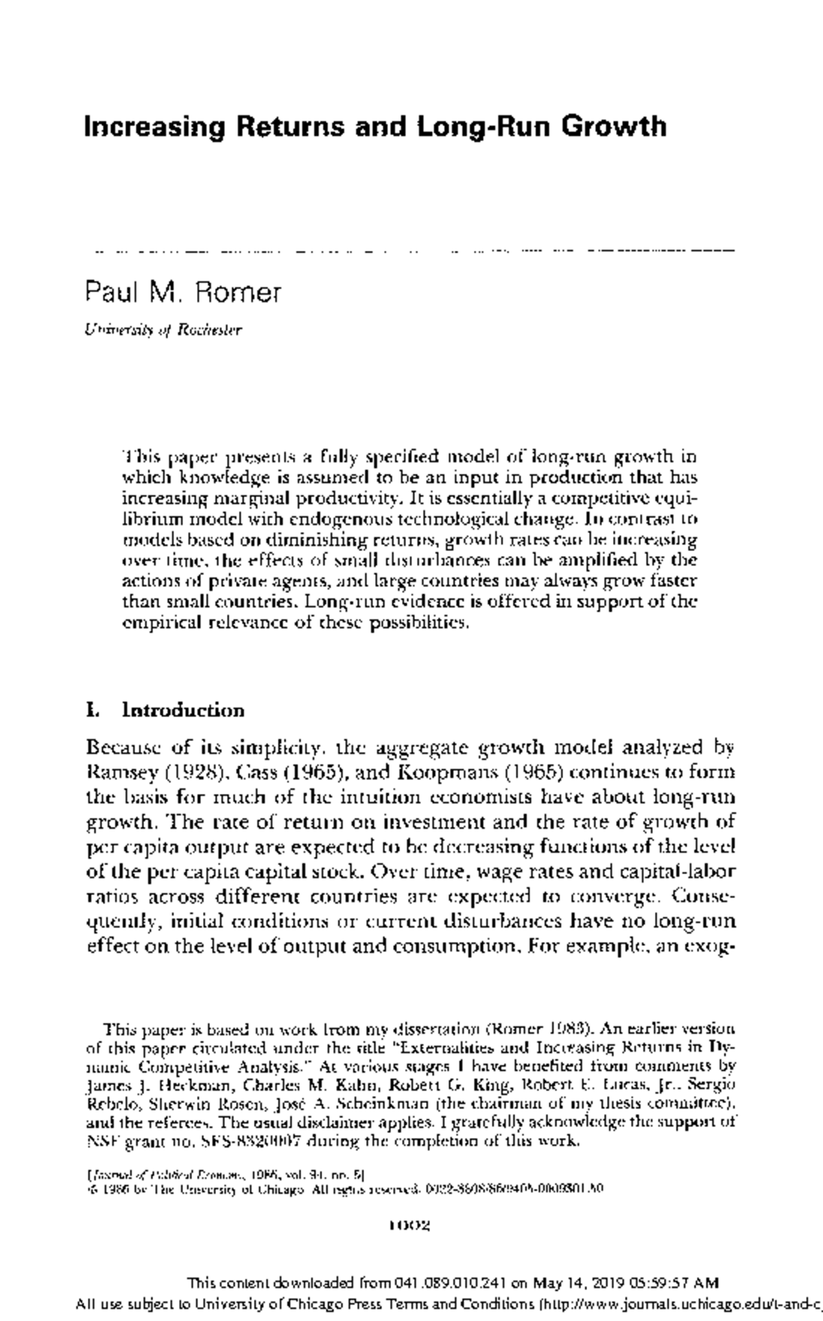 Increasing returns and long-run growth-JPE1986-Paul Romer - Increasing ...
