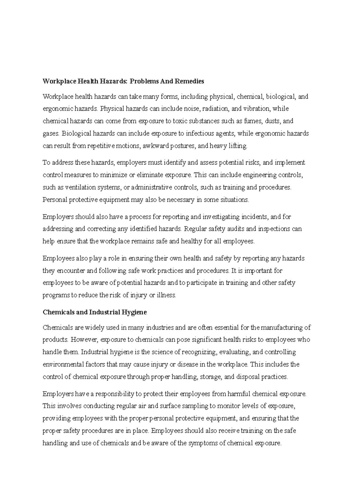 Workplace Health Hazards; Problems And Remedies Workplace Health