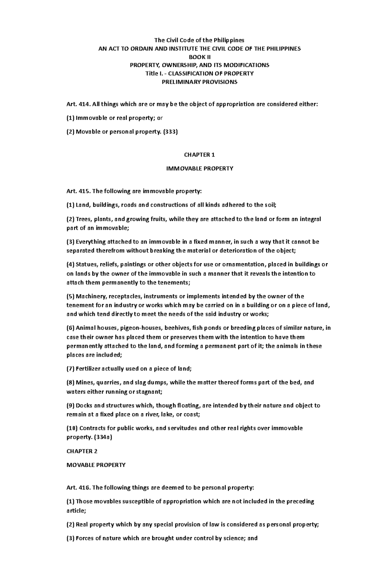 The Civil Code of the Philippines - CLASSIFICATION OF PROPERTY ...