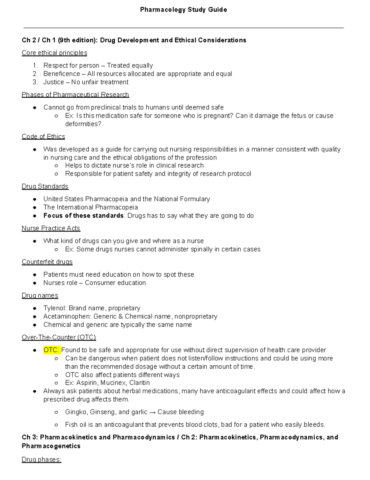 Pharm Study Guide - Notes - Pharmacology Study Guide Ch 2 / Ch 1 (9th ...