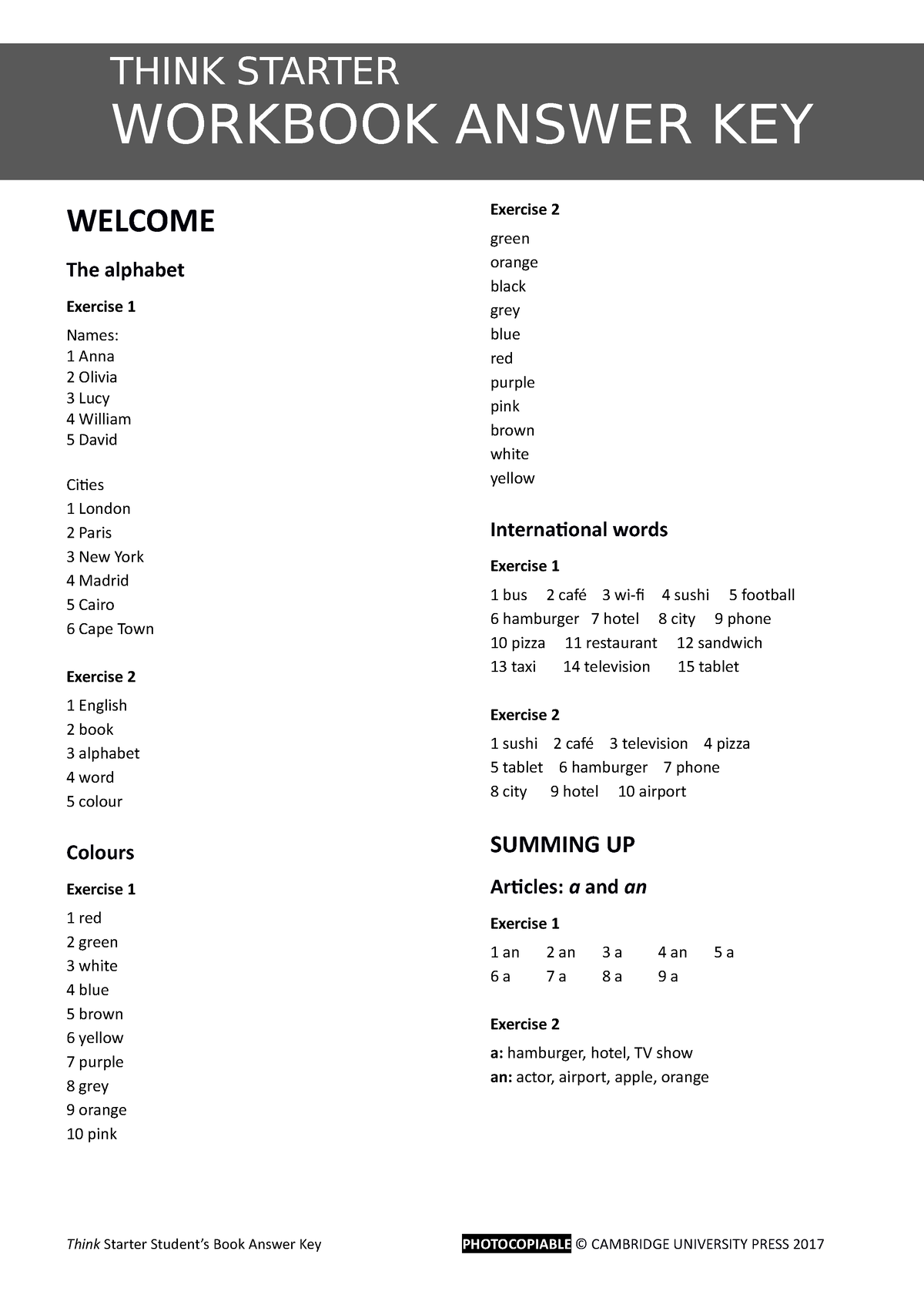 Think Starter Workbook Answer Key 0 WELCOME The Alphabet Exercise 1 