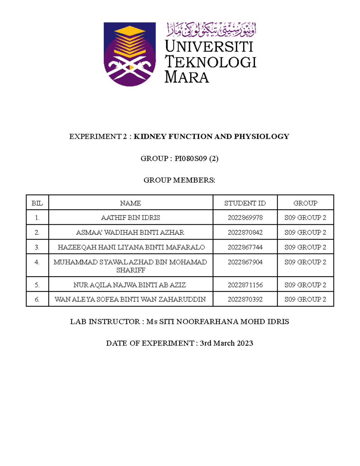 G2 EXP2 Lab report EXPERIMENT 2 KIDNEY FUNCTION AND PHYSIOLOGY