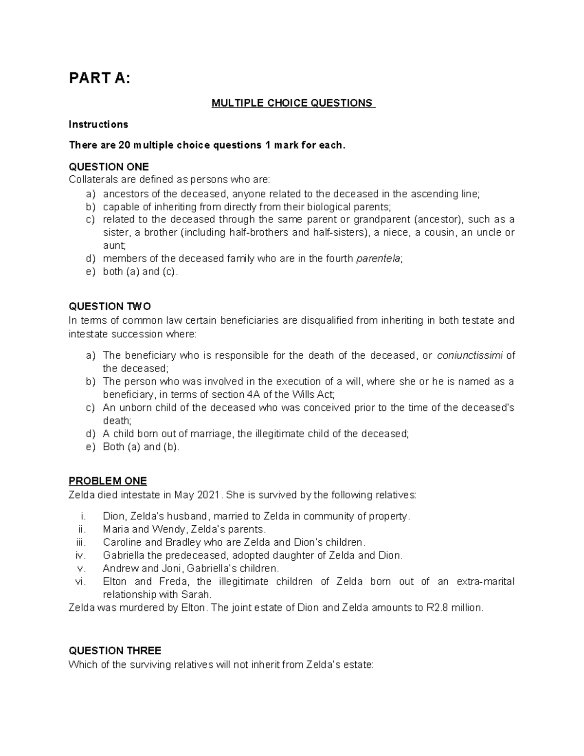 2021 succession exam -2015 781724 - PART A: MULTIPLE CHOICE QUESTIONS ...