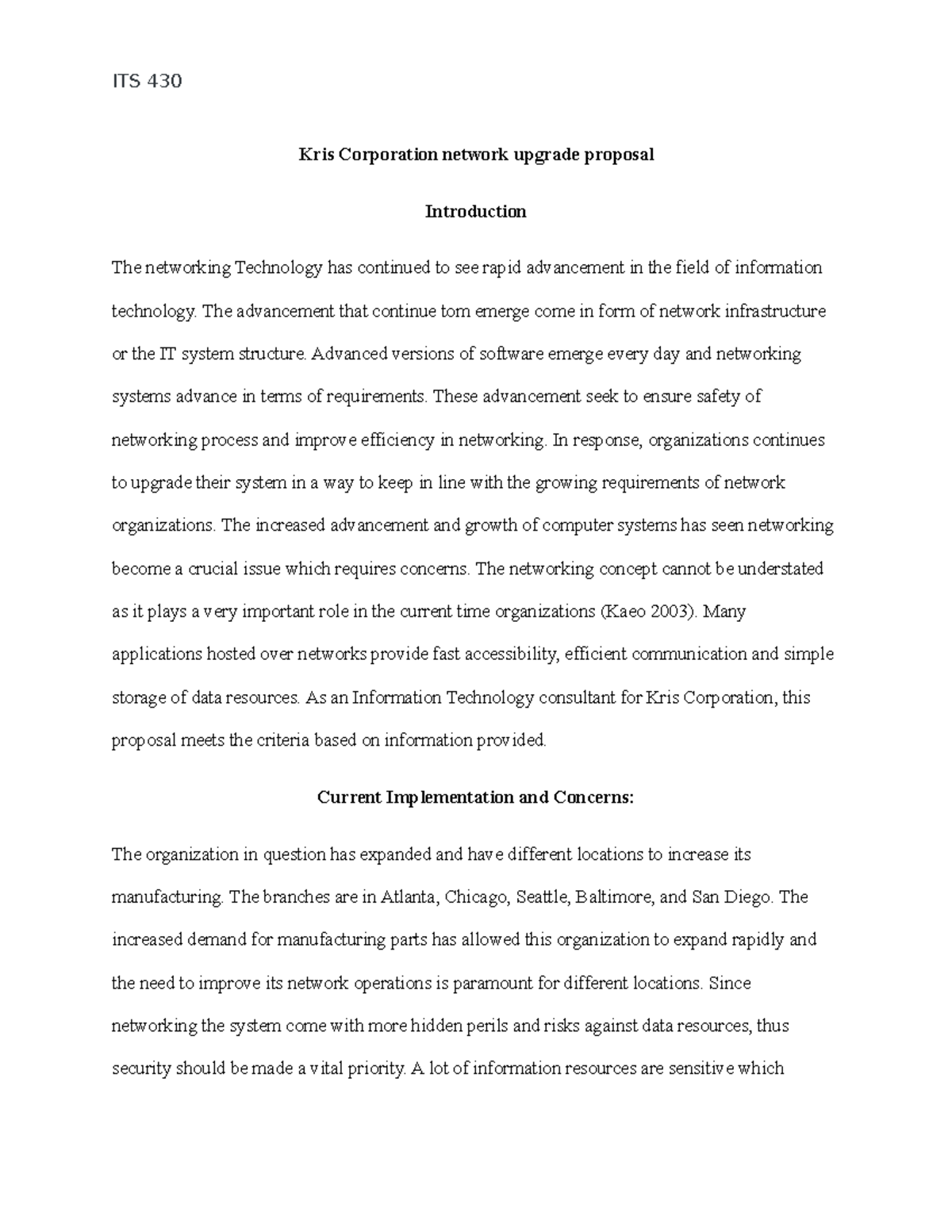 Network infrastructure upgrade Kris Corporation network upgrade