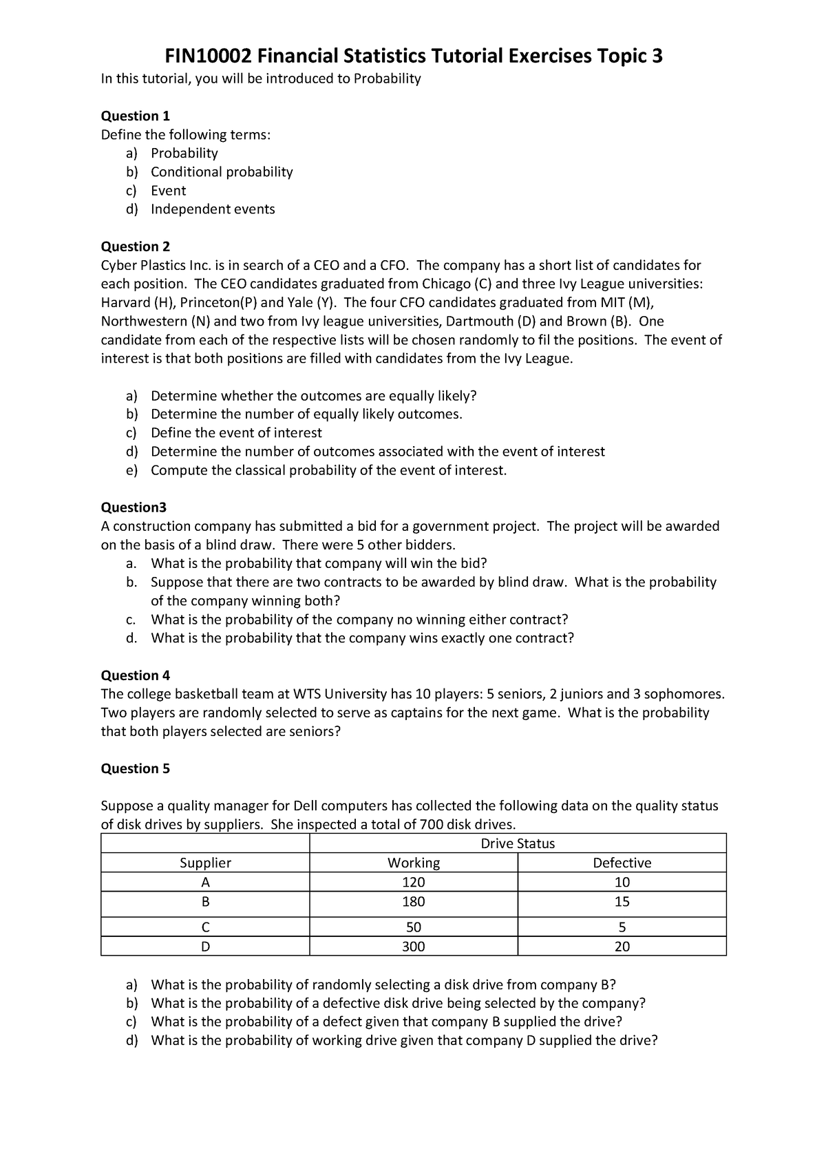 Topic 3 Probability Tutorial - FIN10002 Financial Statistics Tutorial ...